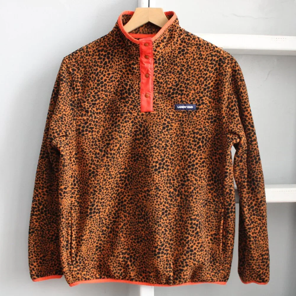 Lands' End Leopard Print Snap Neck Heritage Fleece Pullover Sweater Size Small - Picture 1 of 5